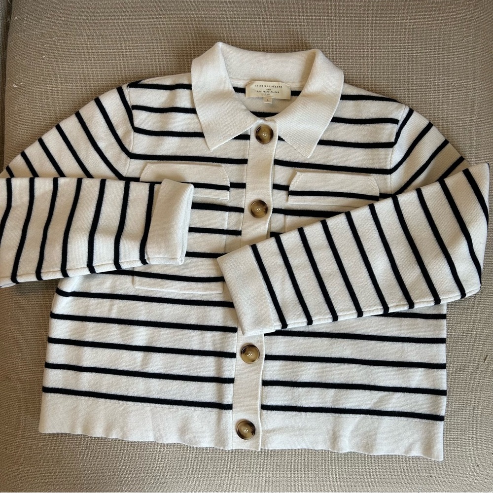 BEST Sezane Betty Cardigan Navy Ecru Striped French Wool Causal Classic - Picture 4 of 9